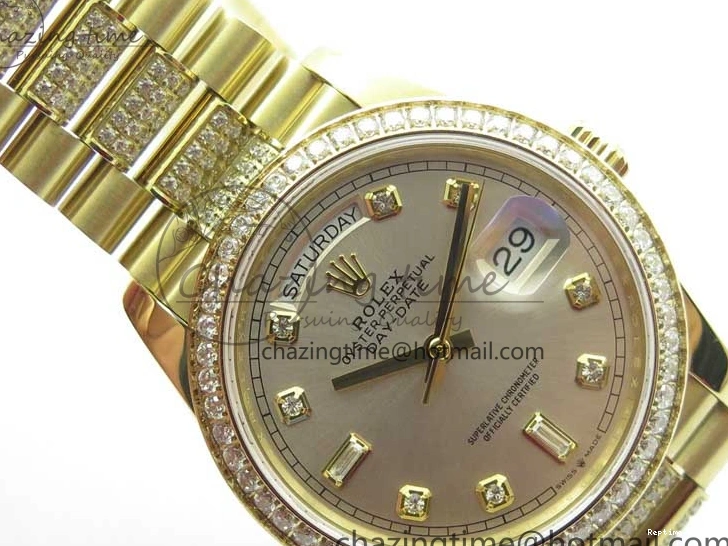 0212 DailyWear Day-Date 36mm 128235 YG Crystal BP Best Edition Silver Crystal Marker Dial on YG President Bracelet A 2676